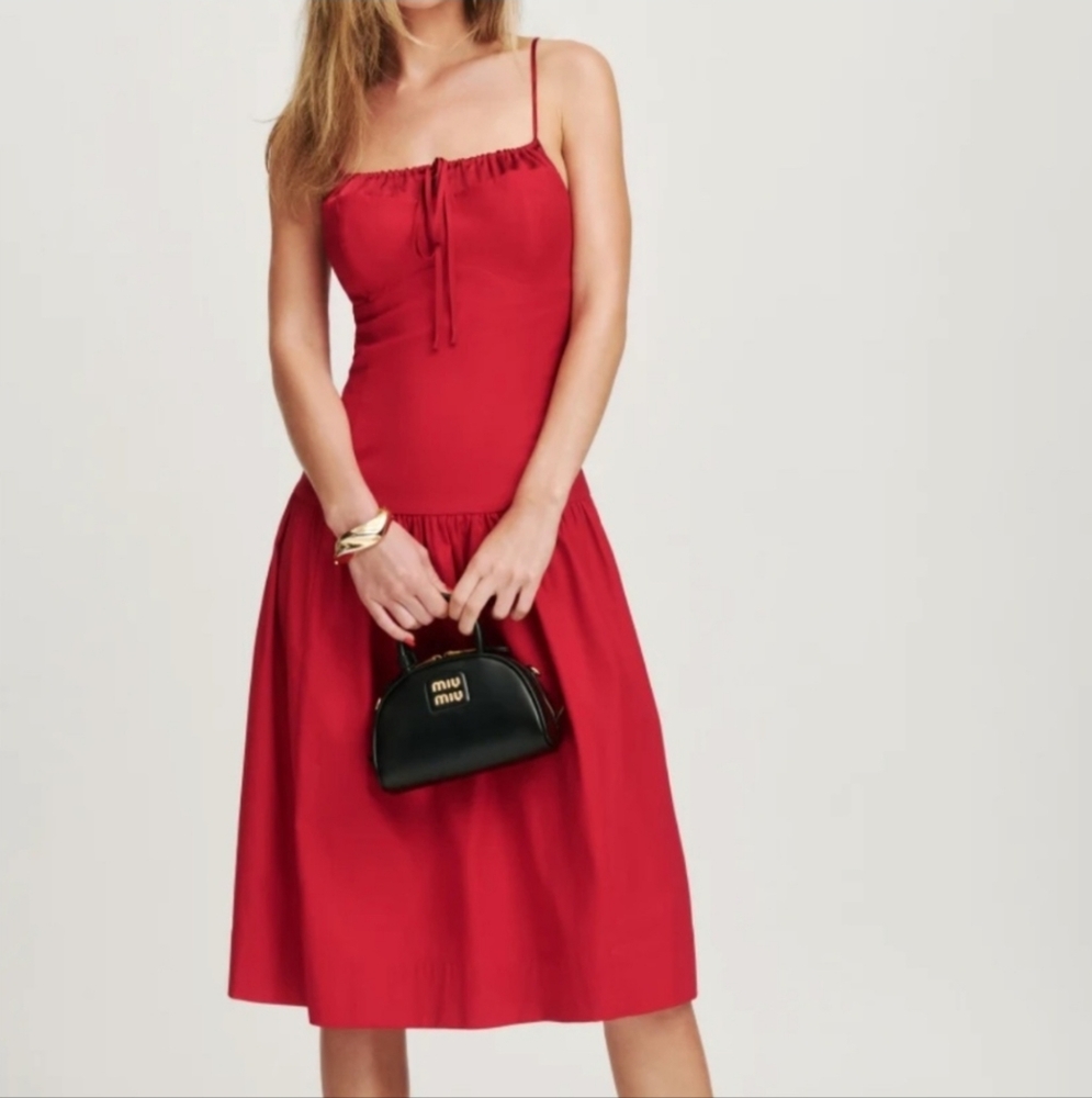 Reformation Analise Red Poplin Midi Dress Adjustable Straps Fit & Flare Size 10